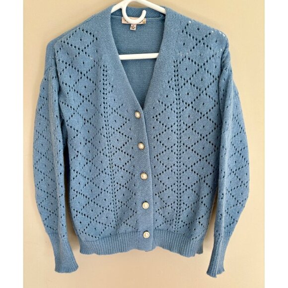 Nanette Lepore Blue Eyelet Knit Cardigan Sweater Faux Pearl Buttons Size Small - Picture 4 of 12